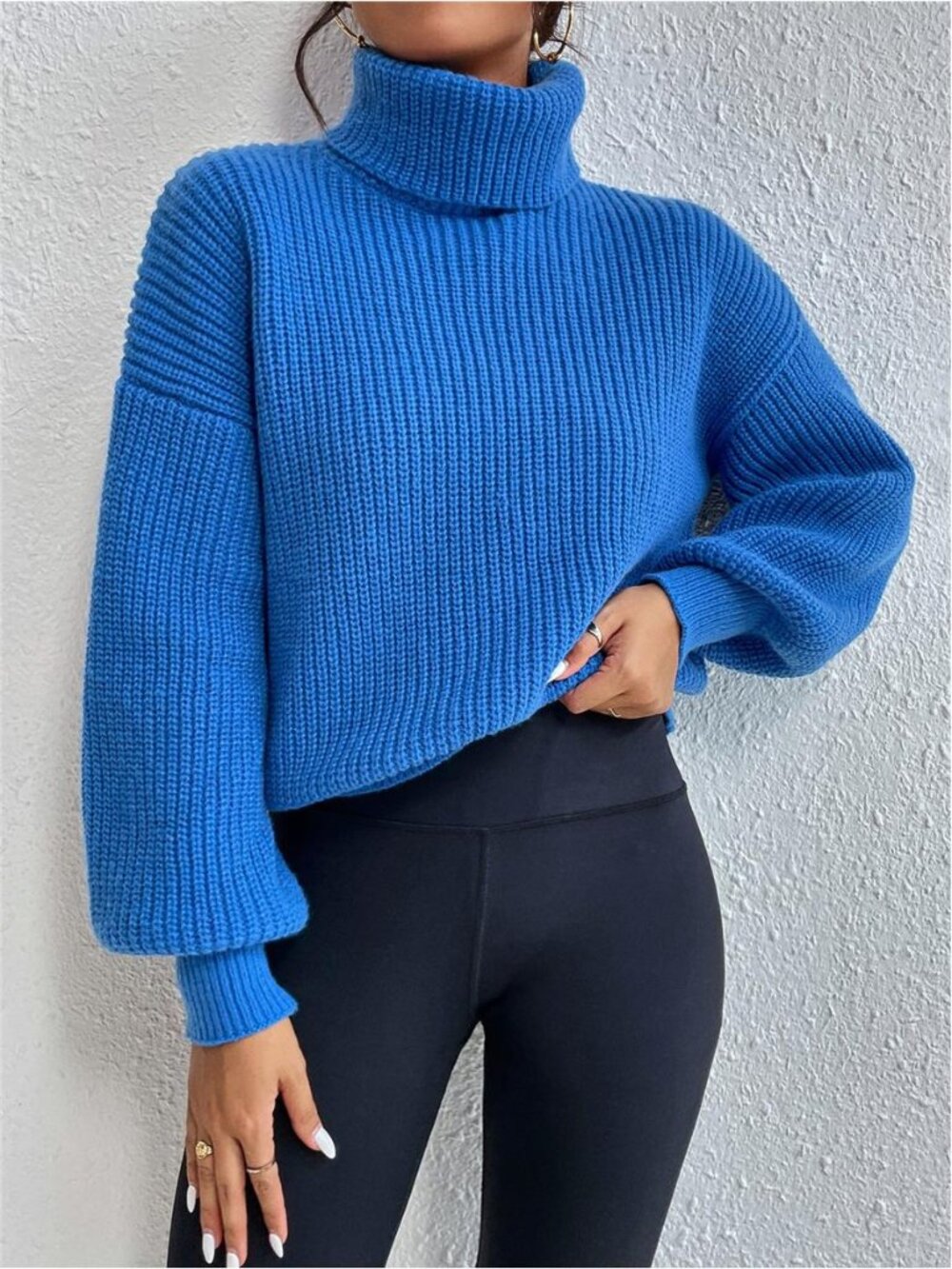 Ribbed Knit Turtleneck Dropped Shoulder Sweater, Long Sleeve Top - Picture 3 of 8